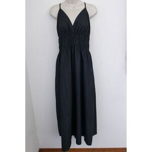 Commense Maxi Dress XL Black Smocked Elastic Waist Open Tie Back Sundress Lounge